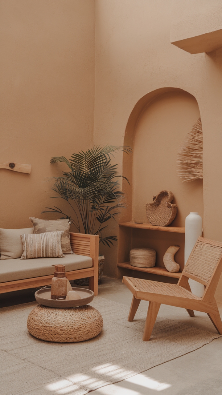 Harmonious Blend of Warm Minimalism and Japandi Serenity in a Cozy Living Space