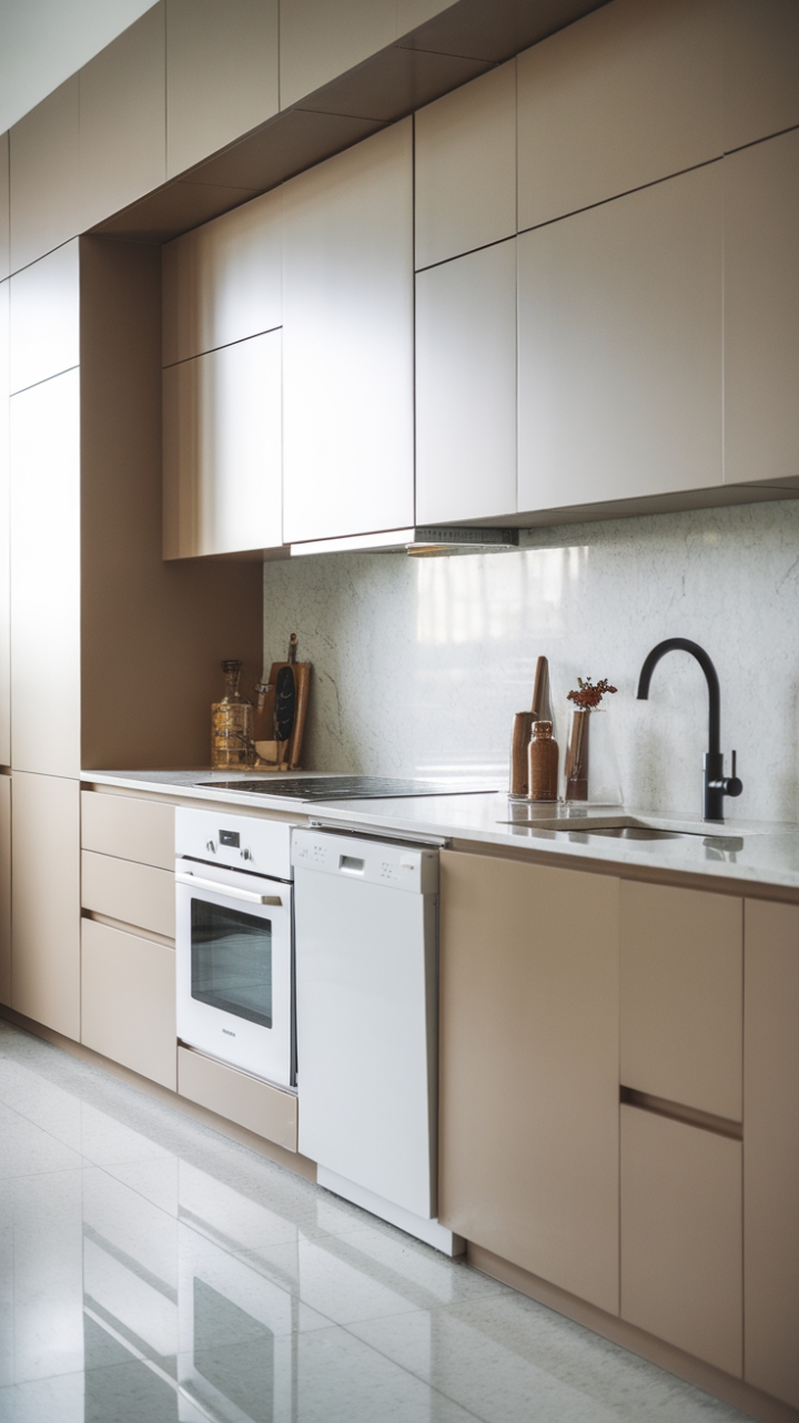 Minimalist Luxury: Streamlined Handleless Cabinets with Bold Black Fixtures