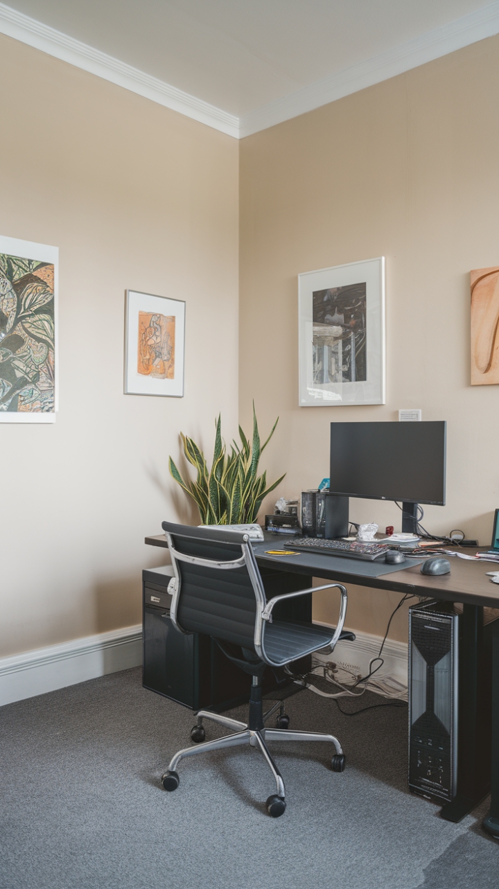Tranquil Beige Workspace: Elegant Simplicity Meets Nature's Calm