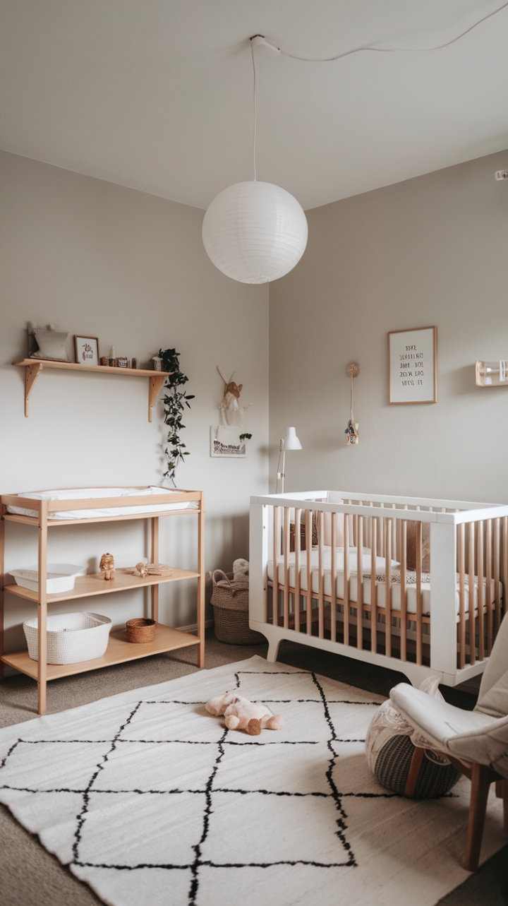 Effortless Elegance: A Calm and Cozy Nursery with Soft Grey Hues and Warm Wooden Touches