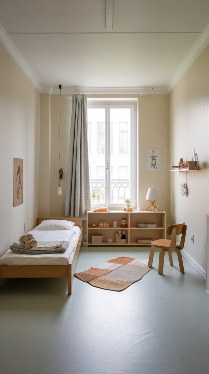 Serene Minimalist Kidsâ€™ Space with Soft Hues