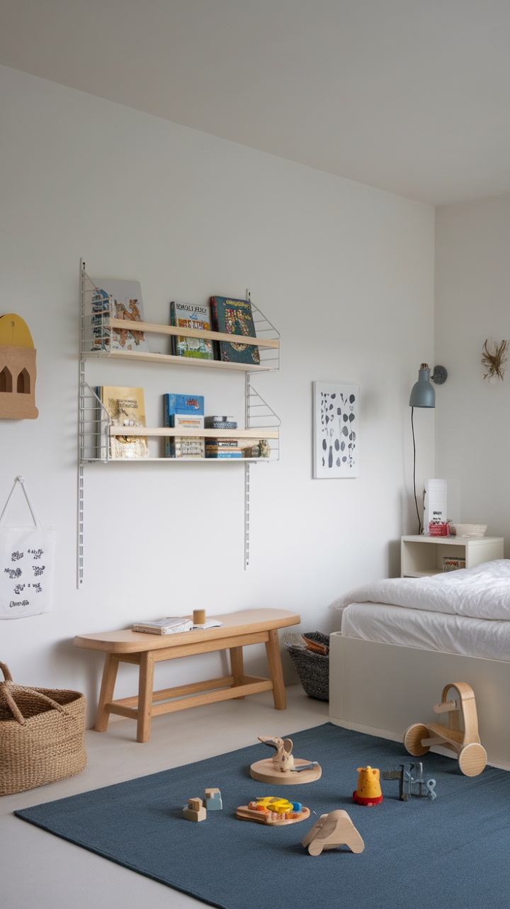Serene Simplicity: A Minimalist Kids' Room with Calming Blue Accents