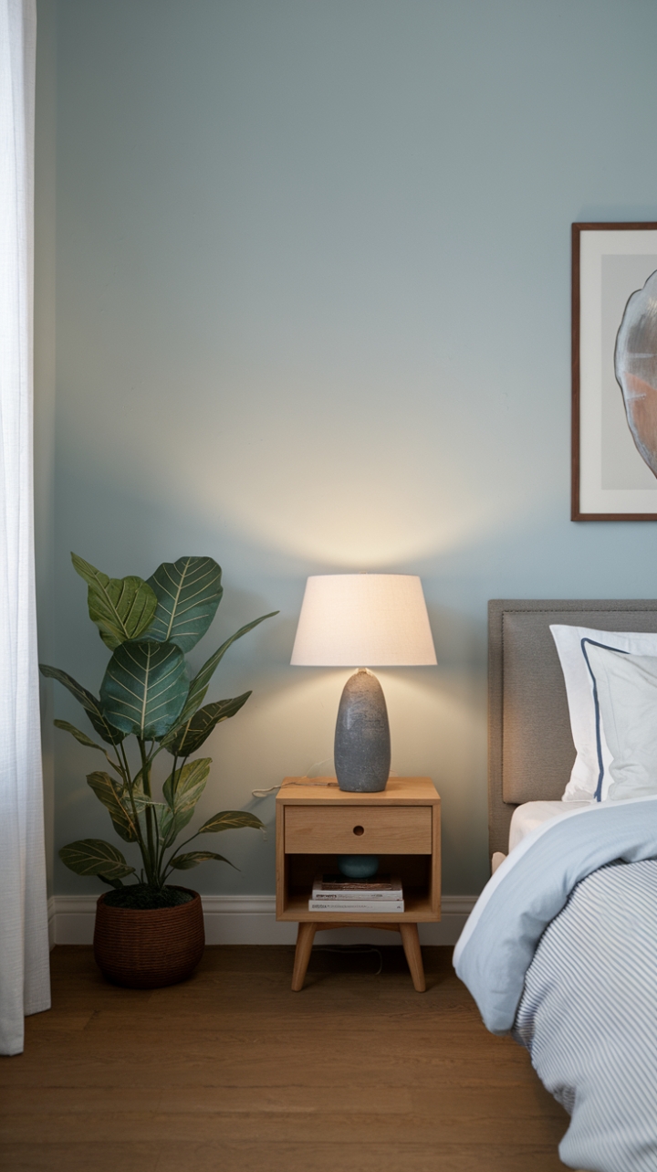 Serene Sanctuary: Elegant Blue Hues and Warm Wood Accents