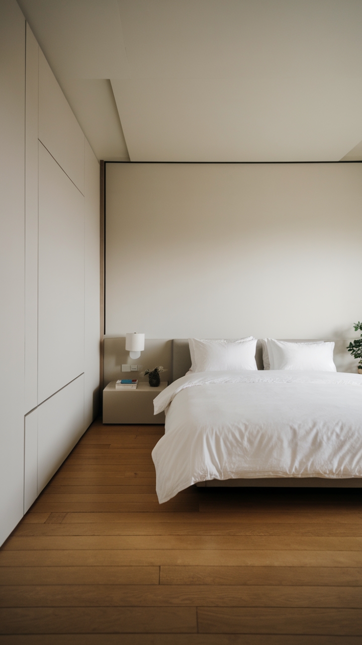 Subtle Sophistication: Modern Minimalist Bedroom with Hardwood Floors and Muted Palette