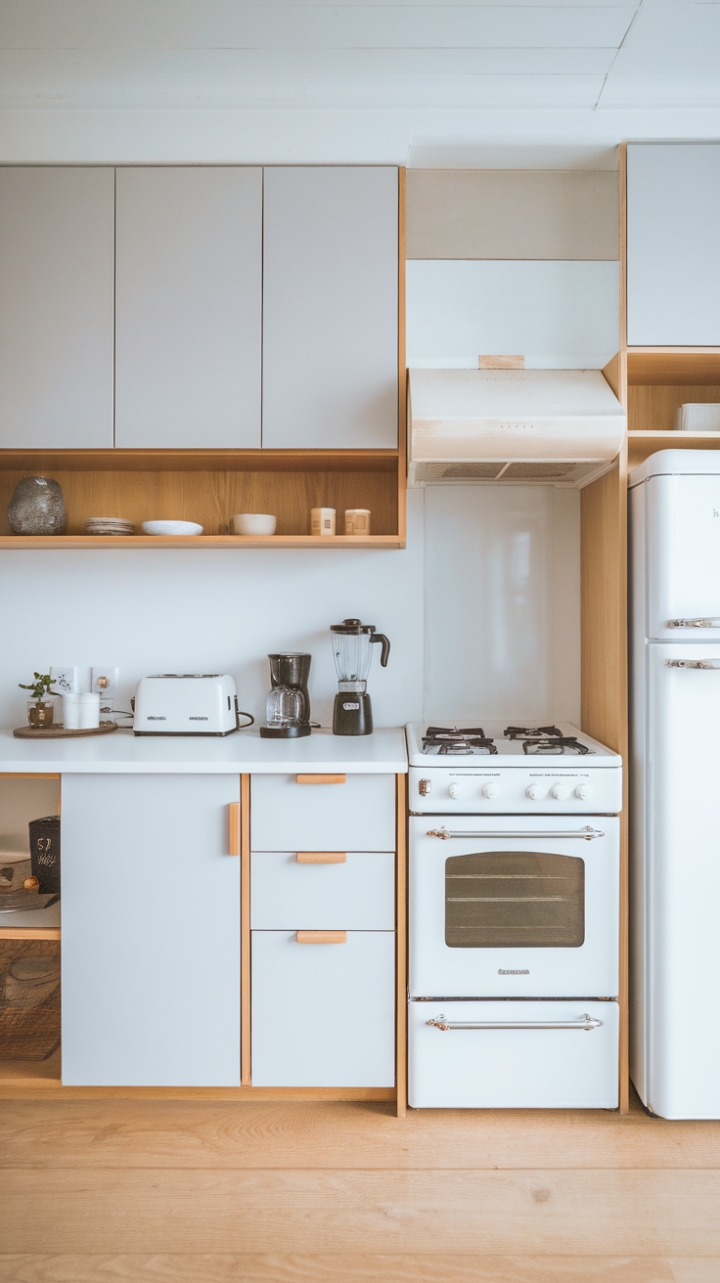 Minimalist Charm: Bright White Cabinets and Warm Wood Accents