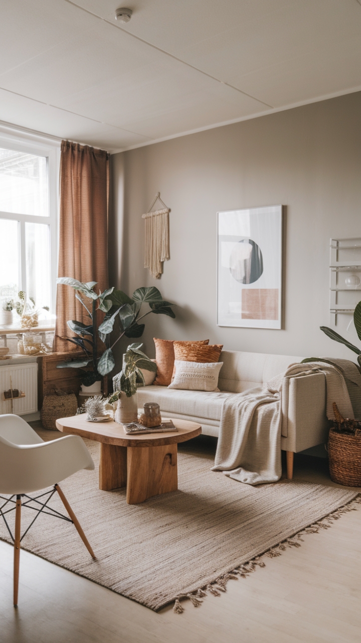 Tranquil Boho Living Room with Scandinavian Simplicity and Natural Charm