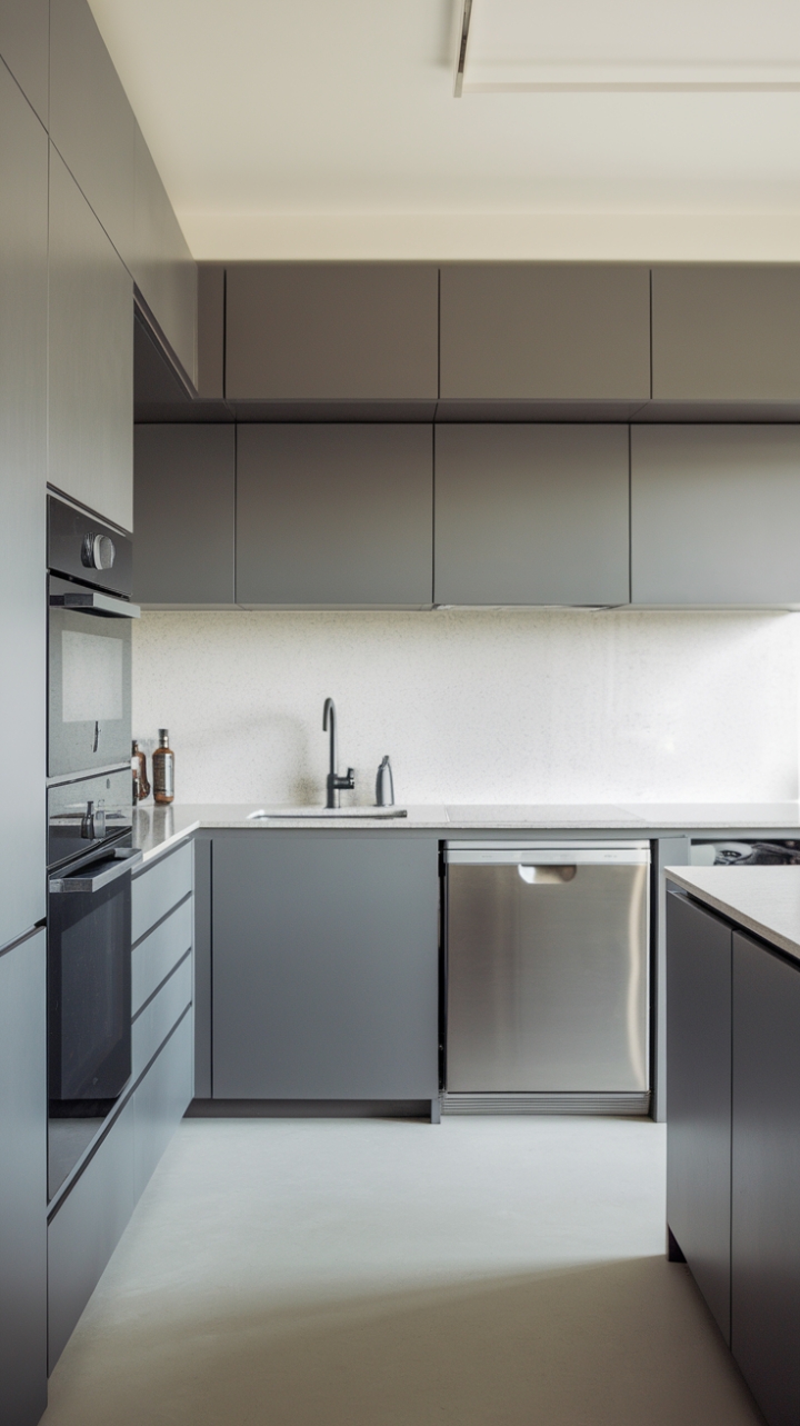 Streamlined Sophistication: Handleless Grey Cabinets and Subway Tile Backsplash