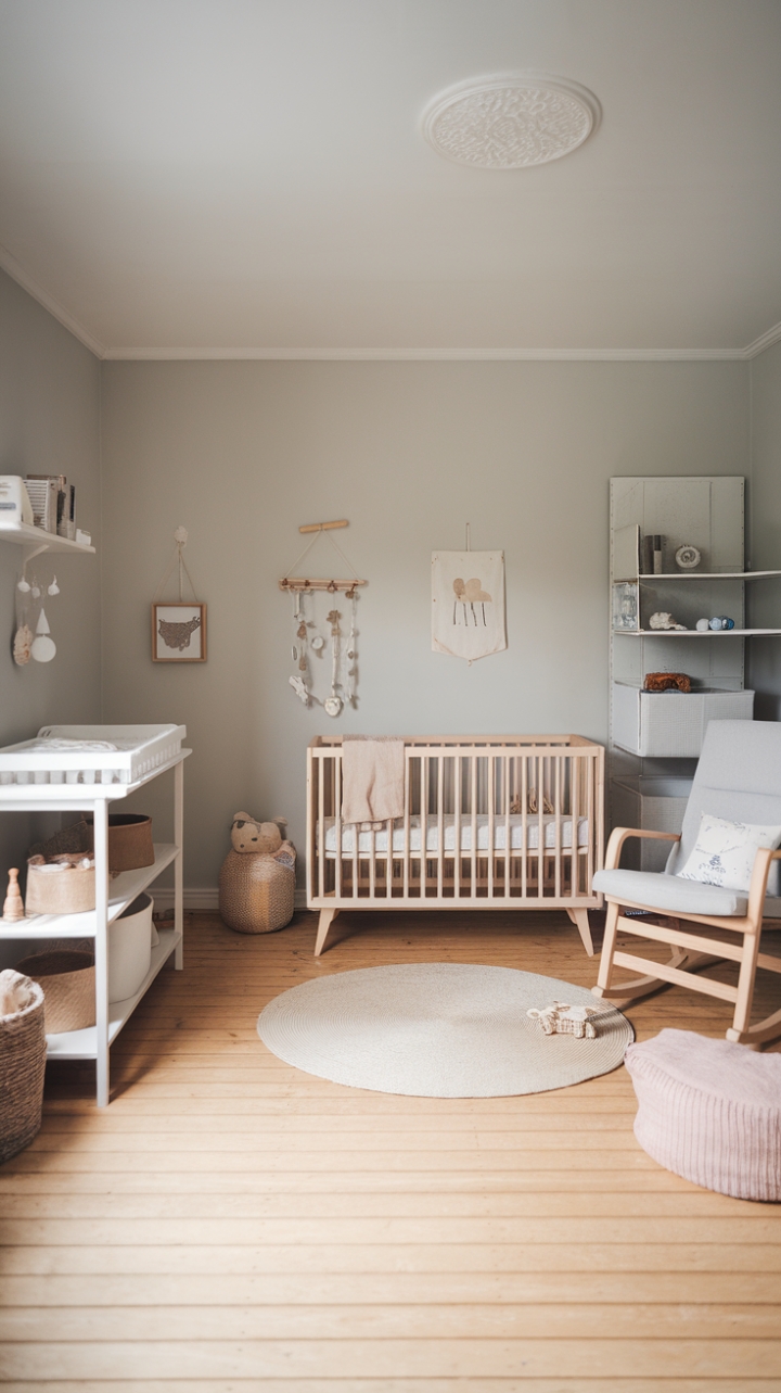 Tranquil Scandinavian Nursery Design with Gray Walls and Wooden Accents