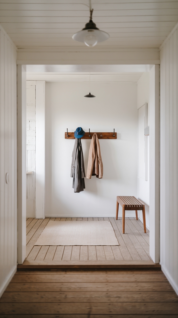 Inviting Scandinavian-Inspired Foyer with Warm Wood and Modern Lighting
