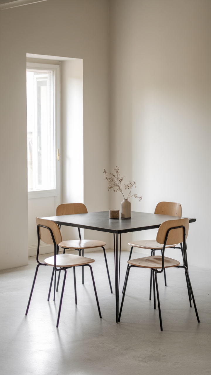 Elegant Minimalist Dining Retreat with Modern Wooden and Metal Accents