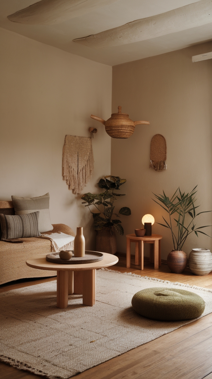 Serene Japandi Living: Earthy Tones, Natural Textures & Warm Wooden Elegance