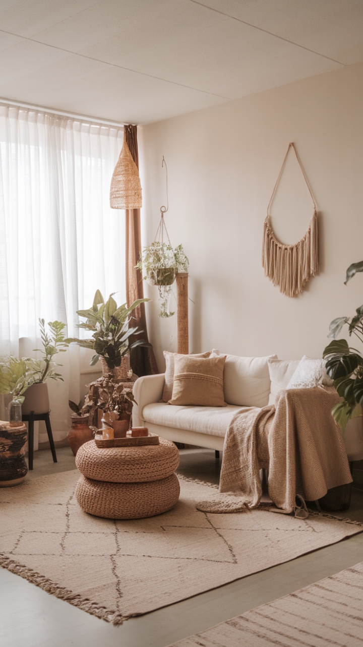 Harmonious Boho Sanctuary with Lush Greenery and Textured Accents