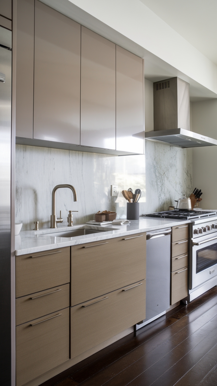 Sleek Minimalism: Seamless Cabinets and Integrated Appliances Enhance Dark Wood and Marble Elegance