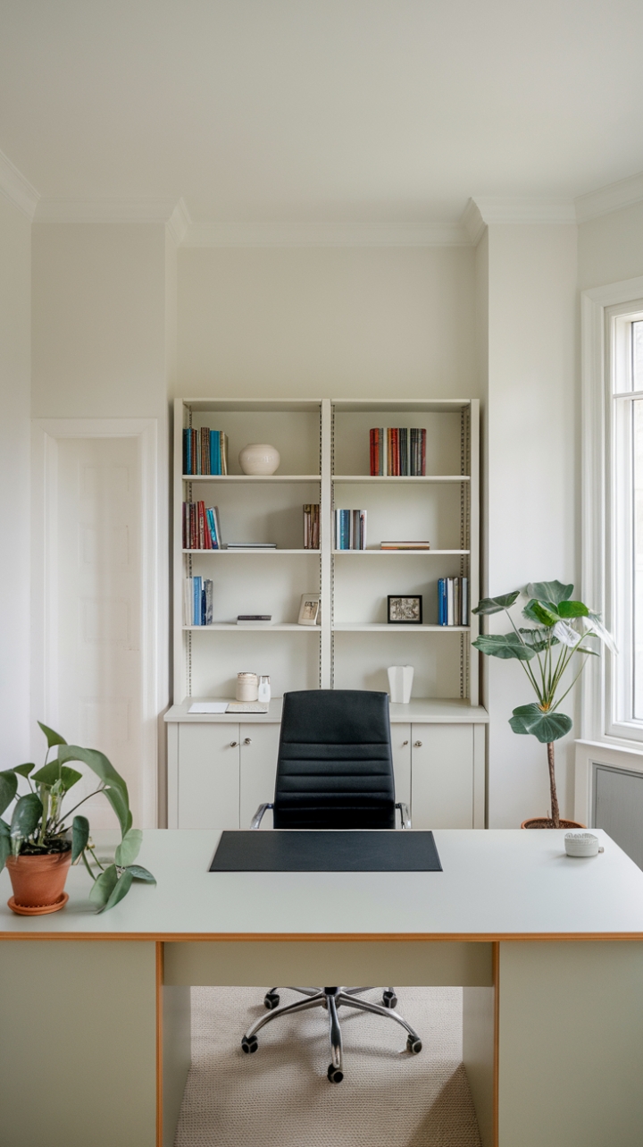 Elegant Workspace Retreat with White Walls and Green Touch