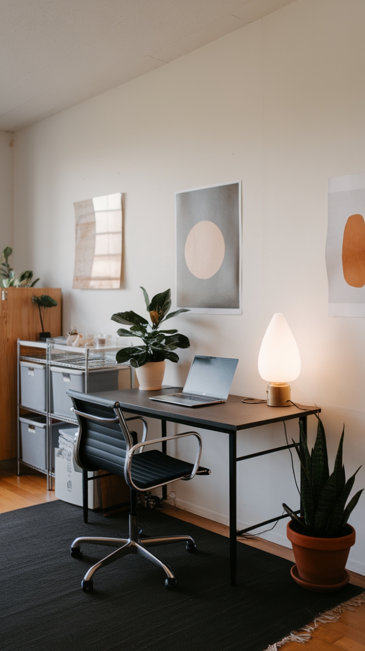 Serene Workspace: Minimalist Art and Green Accents for Ultimate Productivity