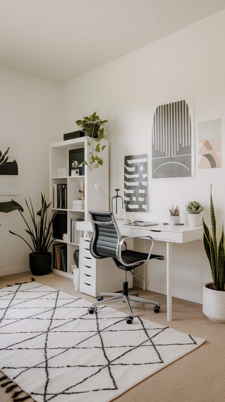 Tranquil Workspace Retreat with Green Accents and Artistic Flair