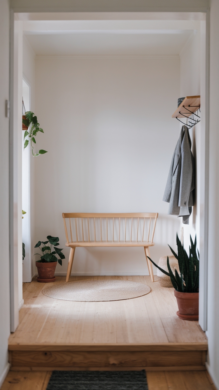 Embracing Calm: Wooden Bench and Round Rug Create Inviting Entrance