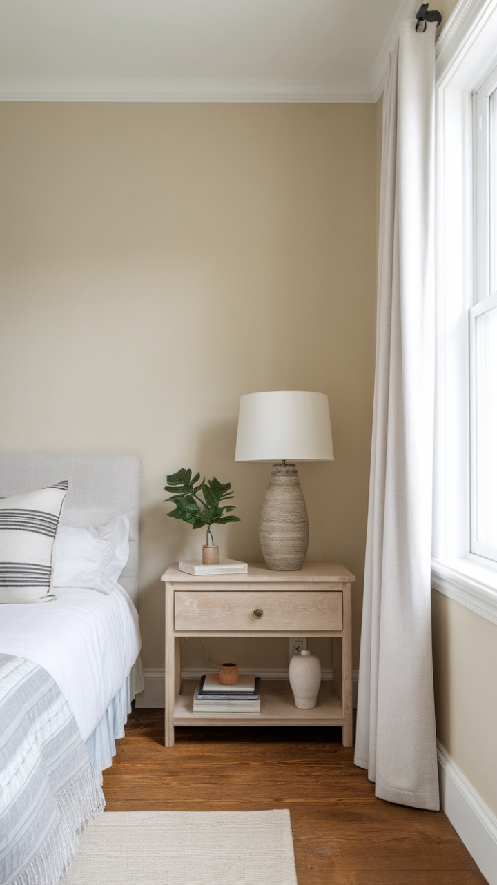 Tranquil Elegance: Beige Walls and Warm Wood Floors Craft a Calm Sanctuary