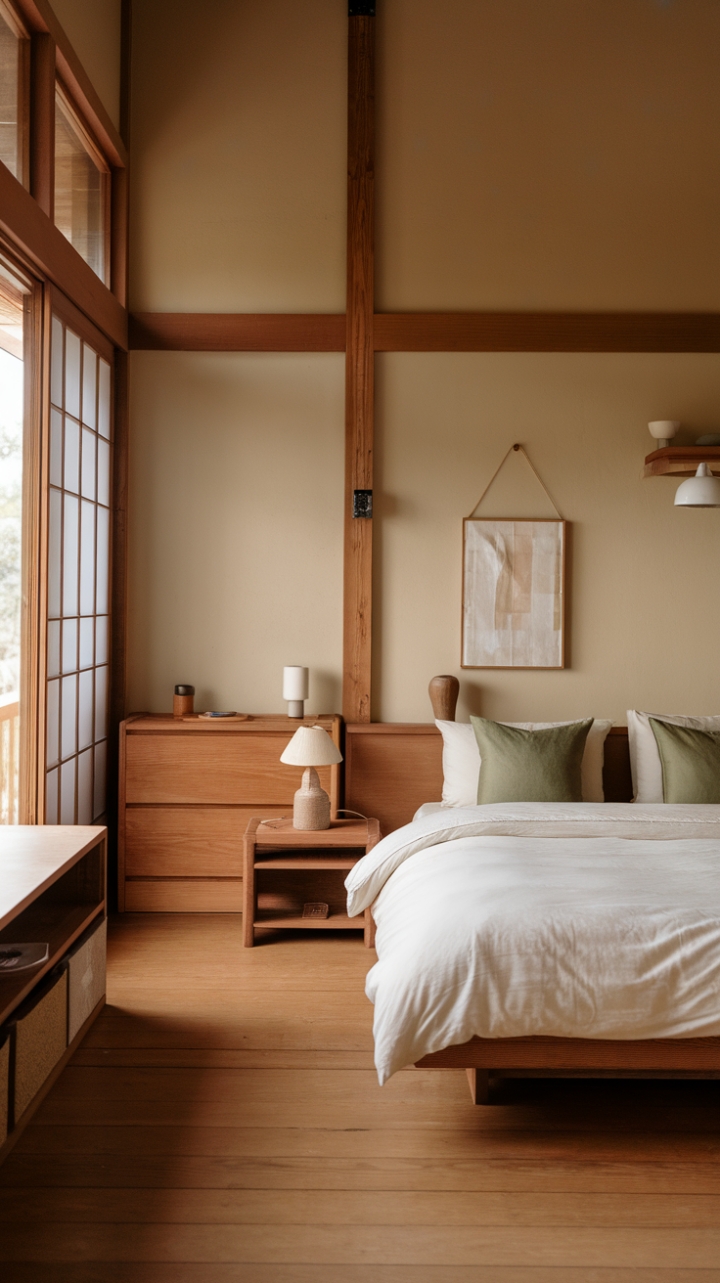 Tranquil Minimalism: Warm Wood Tones and Green Accents in a Japandi-Inspired Bedroom