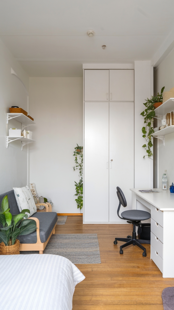 Pure Serenity: A Minimalist White Oasis with Green Accents