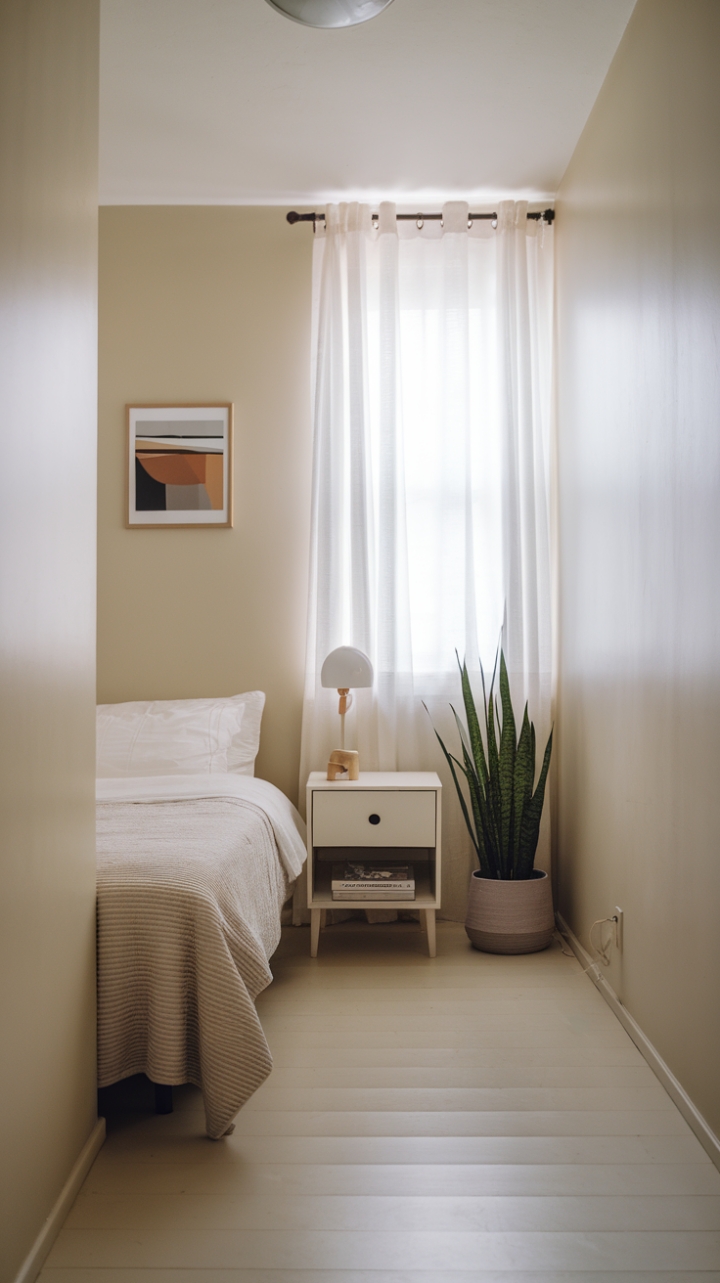 Tranquil Tiny Bedroom: Soft Tones, Light Wood, and Lush Accents