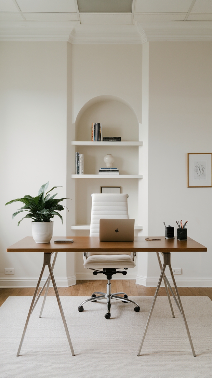 Elevate Your Workspace: Sleek Wooden Desk and Lush Green Accents