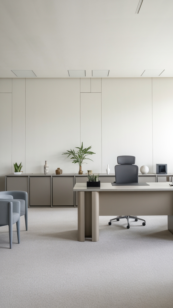 Tranquil White Office with Sleek Furniture and Fresh Touches