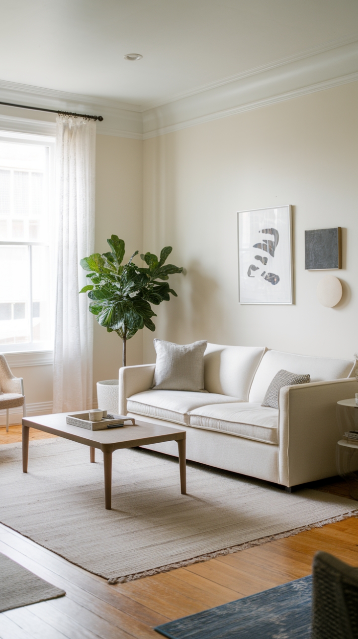 Serene Beige Living Room with Minimalist Elegance