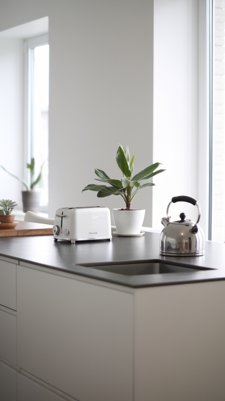 Sleek Minimalist Kitchen Island with Greenery Accent