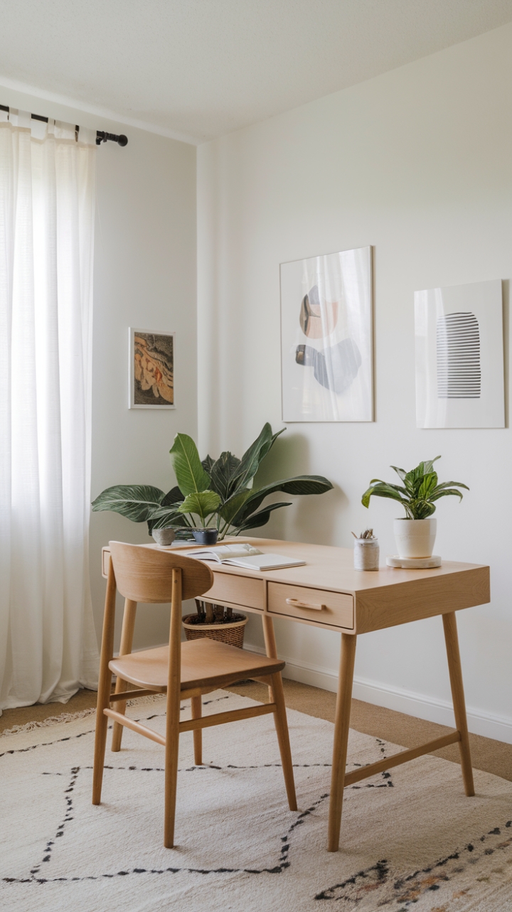 Tranquil Workspace: Wooden Desk, Artful Walls & Greenery