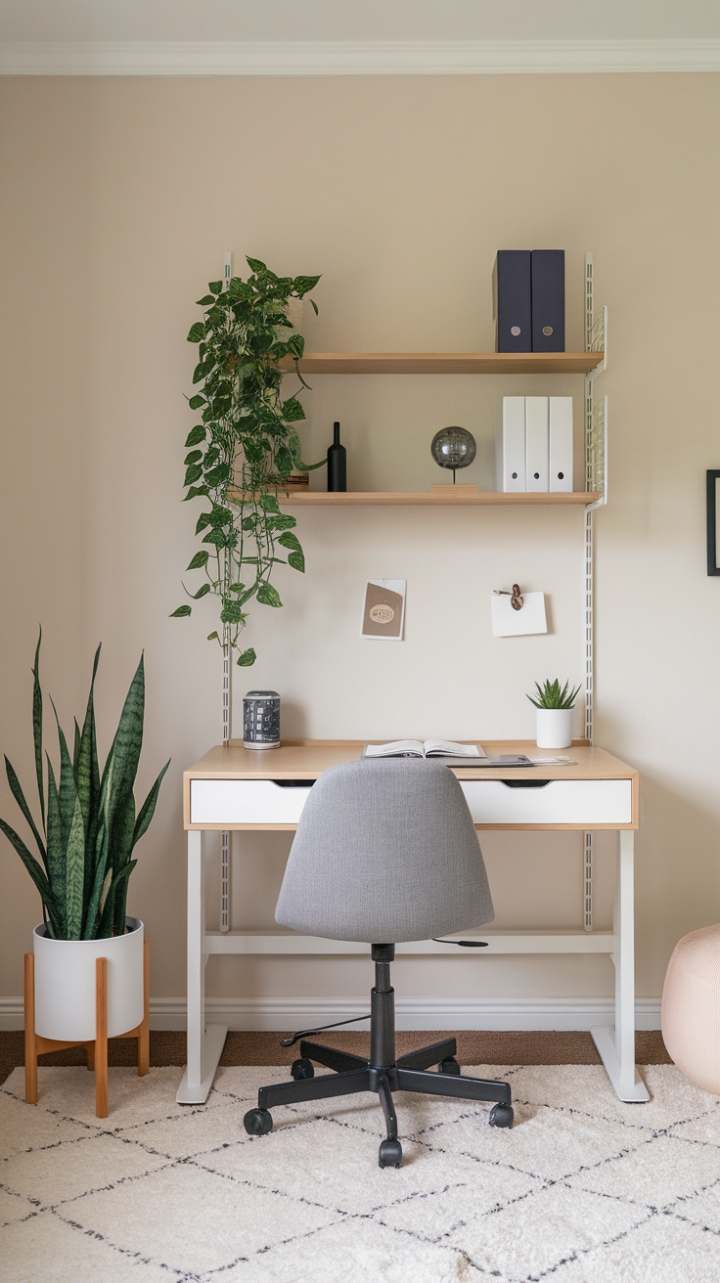 Effortlessly Chic Workspace: Calm Neutrals and a Hint of Green for Serenity