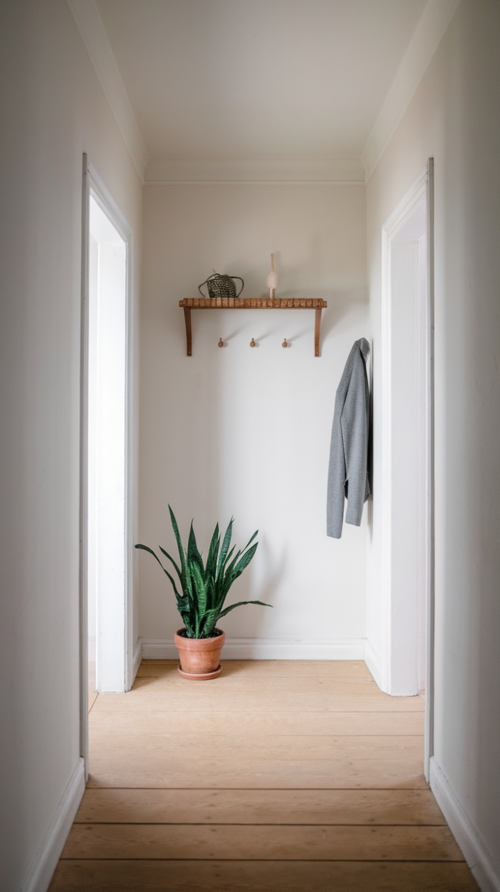 Welcoming Minimalist Entrance with Soft Lighting and Textural Warmth