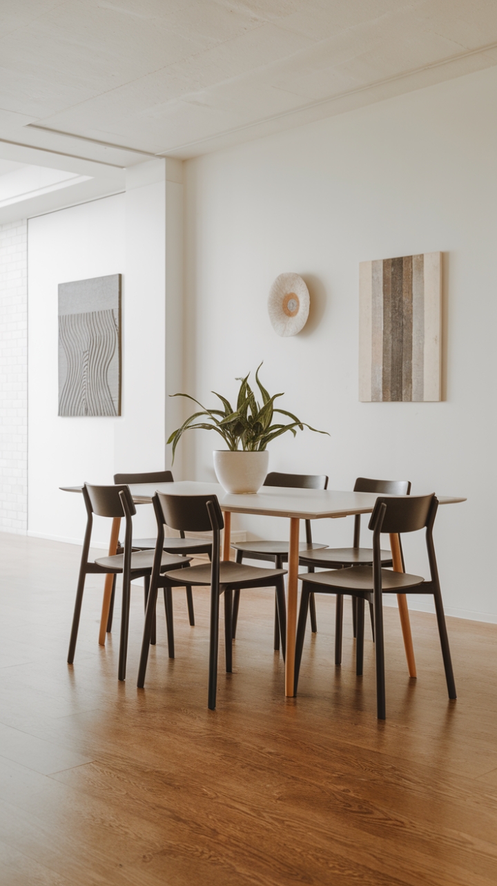 Minimalist Elegance: A Modern Dining Retreat with Bold Black Chairs and Warm Wooden Accents