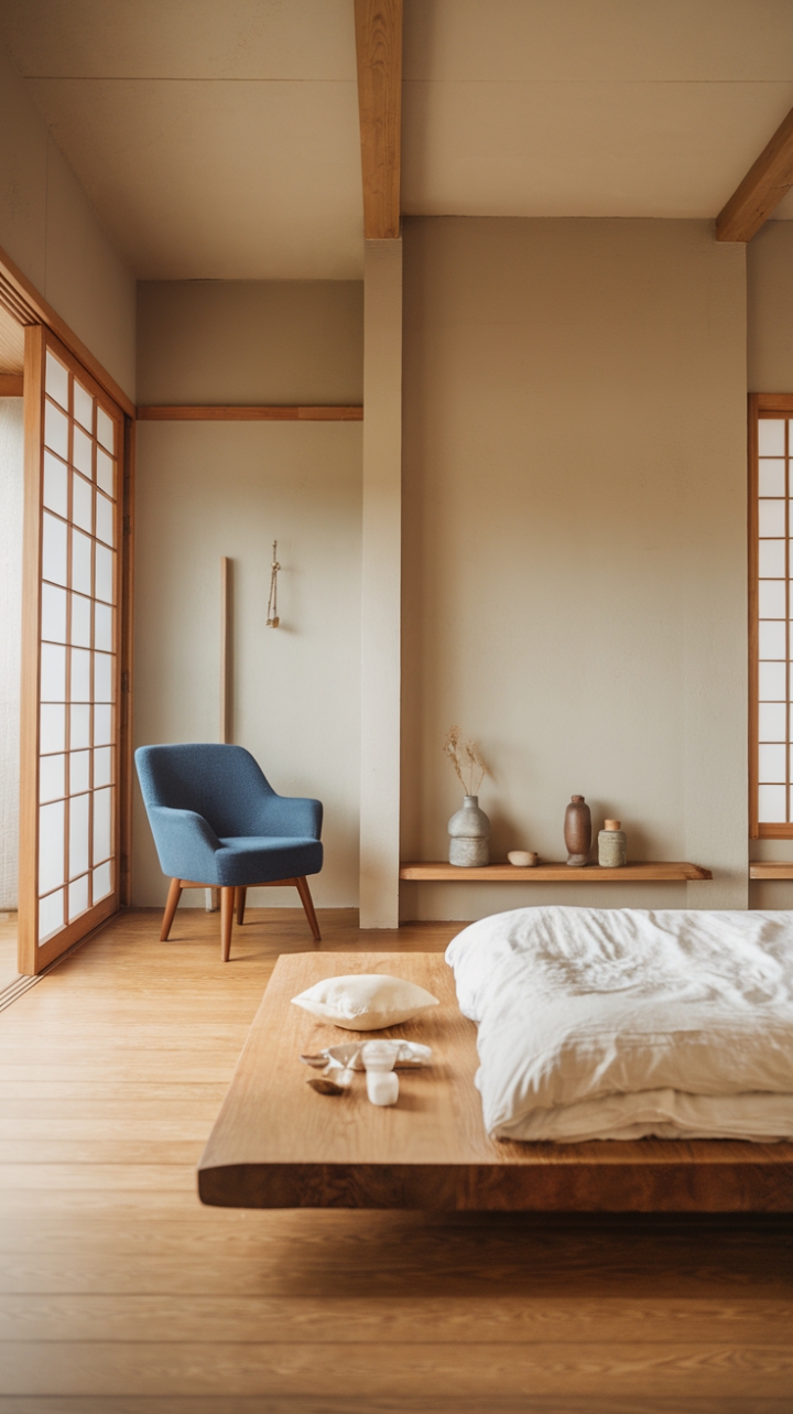 Serene Japandi Retreat: Embracing Calm with Greys, Warm Woods, and a Touch of Blue
