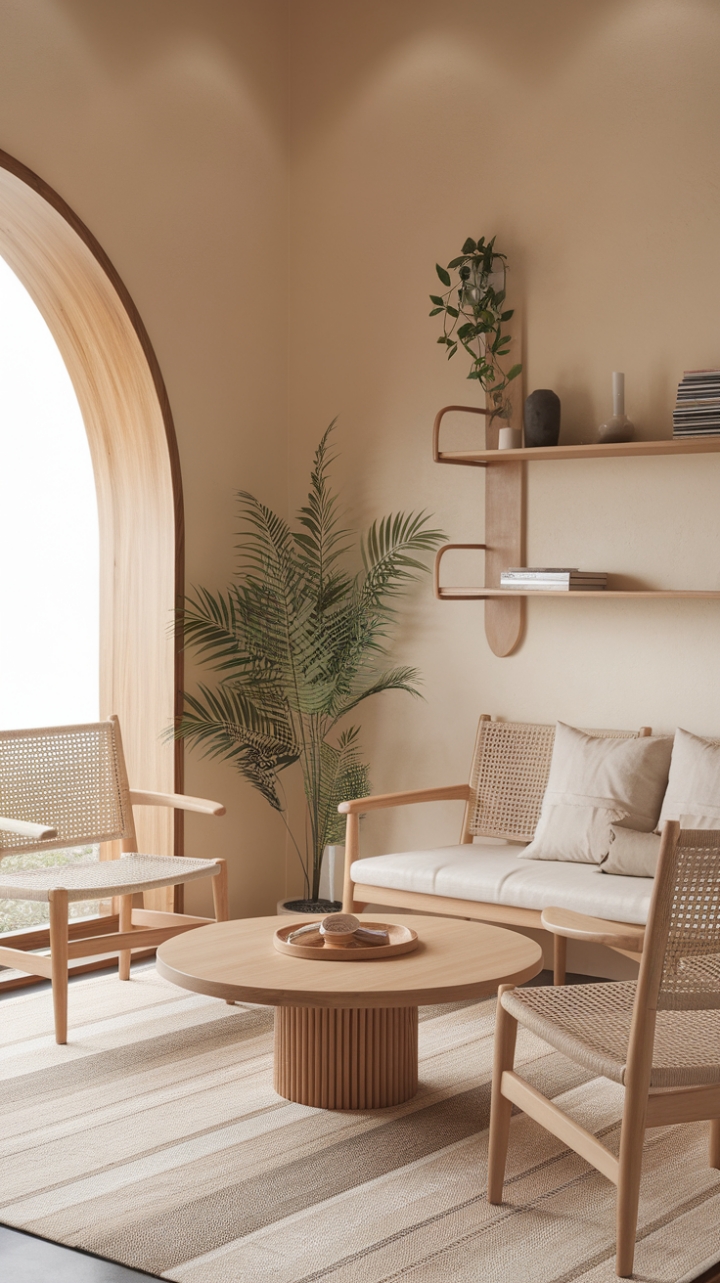 Elegant Harmony: Warm Beige Tones and Wooden Accents for a Timeless Space