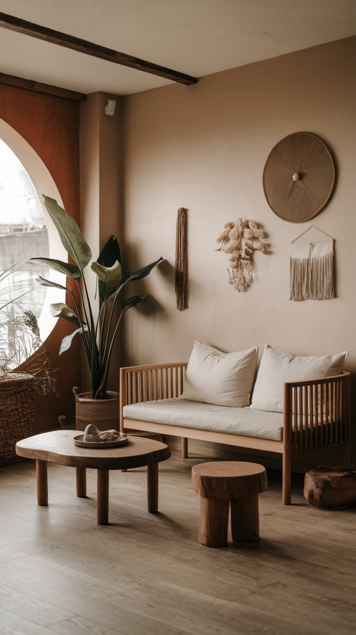 Serene Japandi Living Room: Warm Beige, Natural Wood & Earthy Elegance