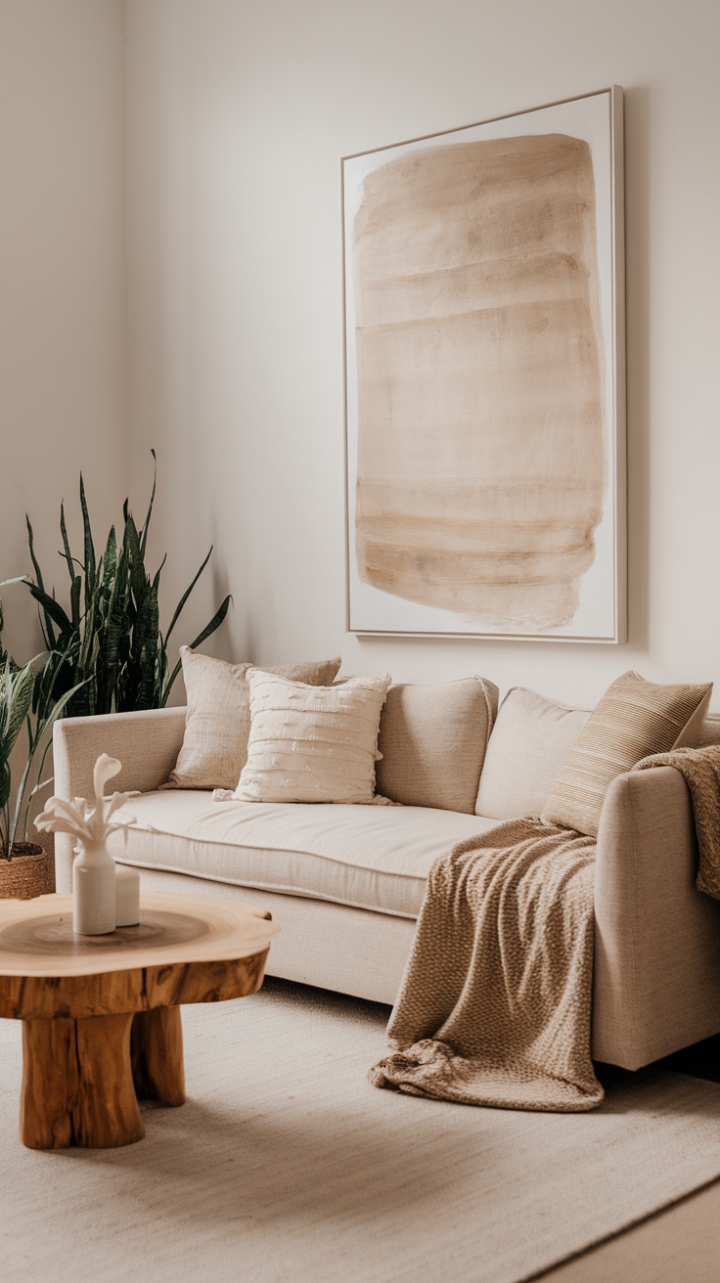 Elevated Minimalism: Lush Greenery and Abstract Art in a Scandinavian-Boho Living Room