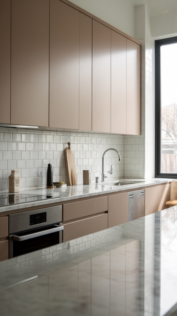 Serene Sophistication: Modern Kitchen Elegance with Flat-Panel Cabinets and Marble Accents