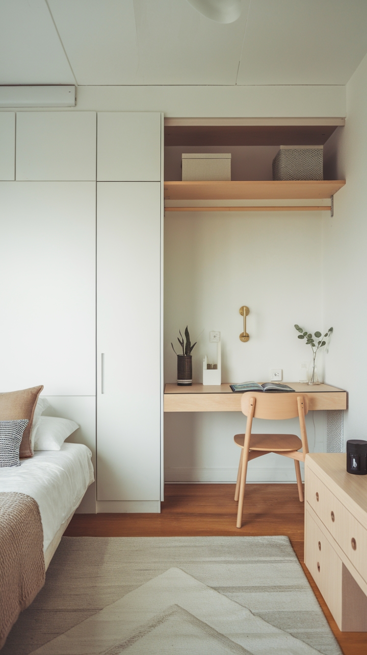 Serene White Haven: A Stylish, Space-Saving Retreat with Natural Warmth