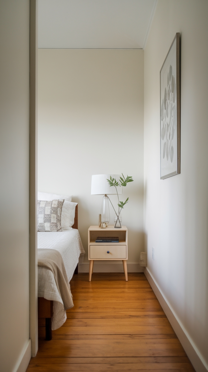 Serene Minimalist Sanctuary: Embracing Calm with White Walls and Warm Wood