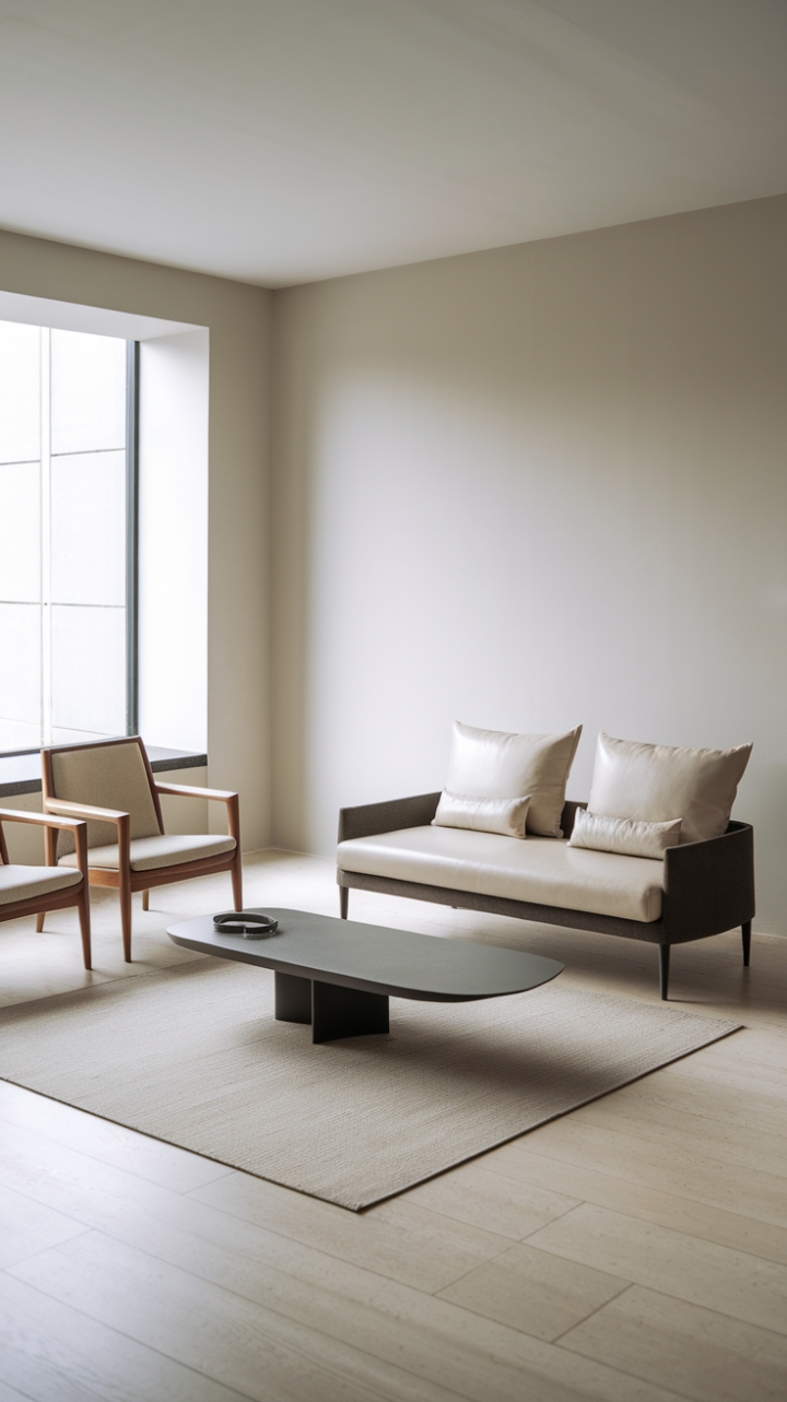 Serene Minimalism: Light Grey Walls and Pale Wood Floors Create a Tranquil Living Room Ambiance