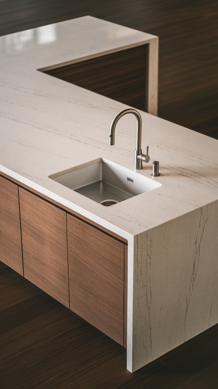 Modern Sophistication: Sleek White Marble & Rich Wood Focal Point