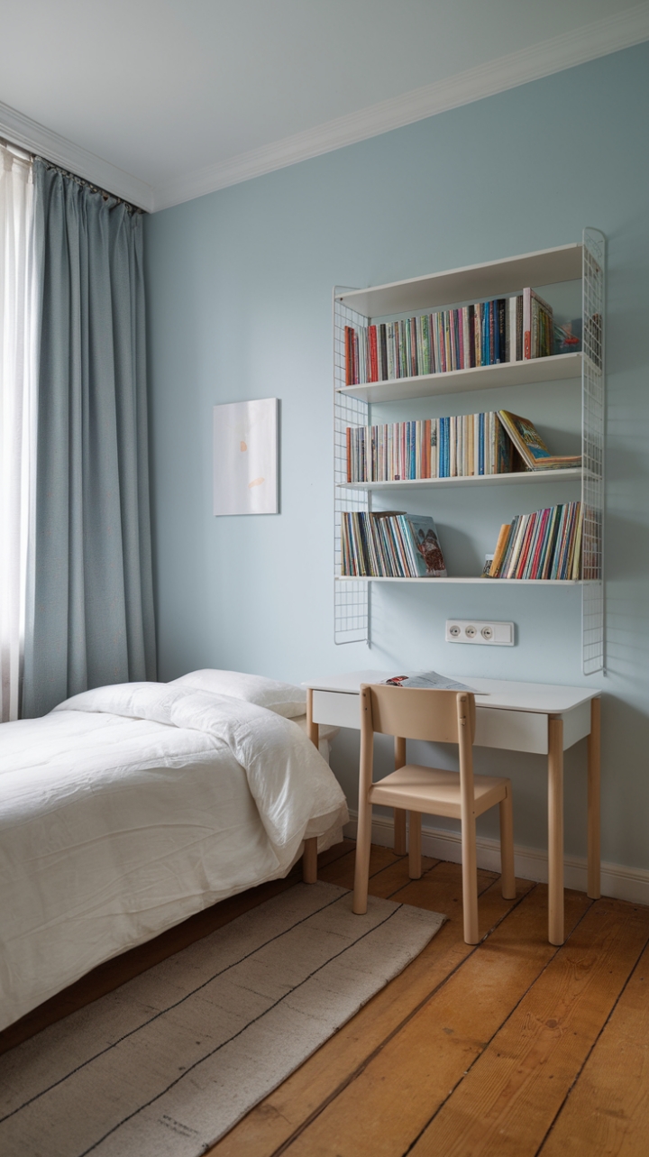 Serene Minimalist Kidsâ€™ Room with Blue Accents